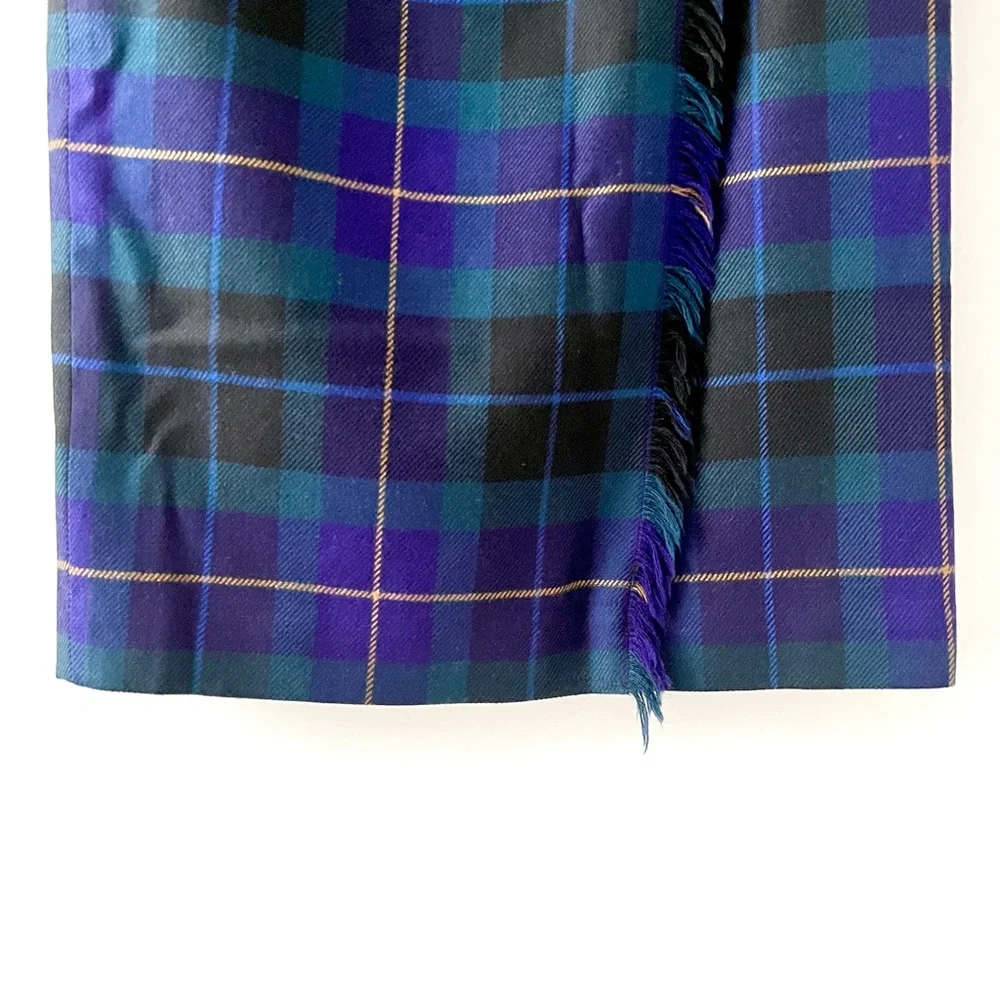 TALBOTS | Plaid Vintage Wool Wrap Long Maxi Skirt Purple Green Fringe Size 4 - Picture 5 of 11